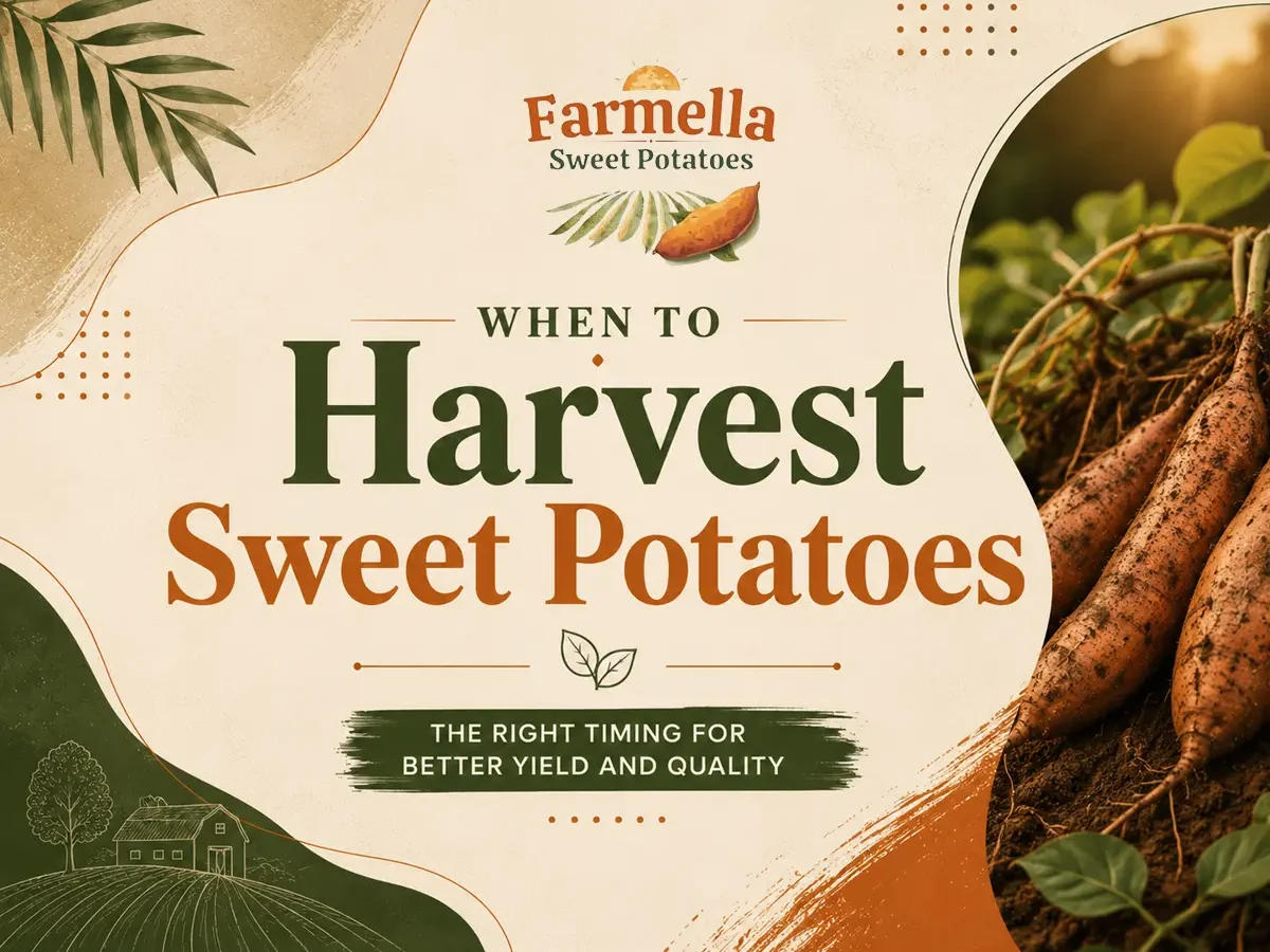 Illustration showing when to harvest sweet potatoes for better yield, storage quality, and healthy root development