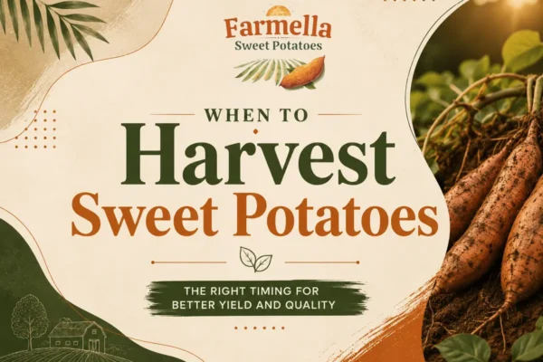 Illustration showing when to harvest sweet potatoes for better yield, storage quality, and healthy root development