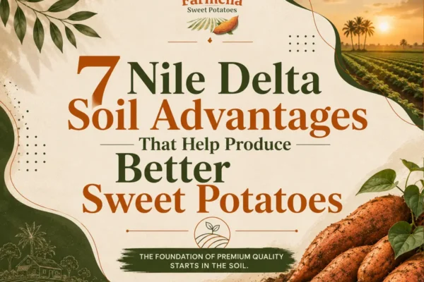 Nile Delta soil advantages for sweet potato farming illustrated with fertile farmland, healthy soil, and premium sweet potatoes grown in Egypt.