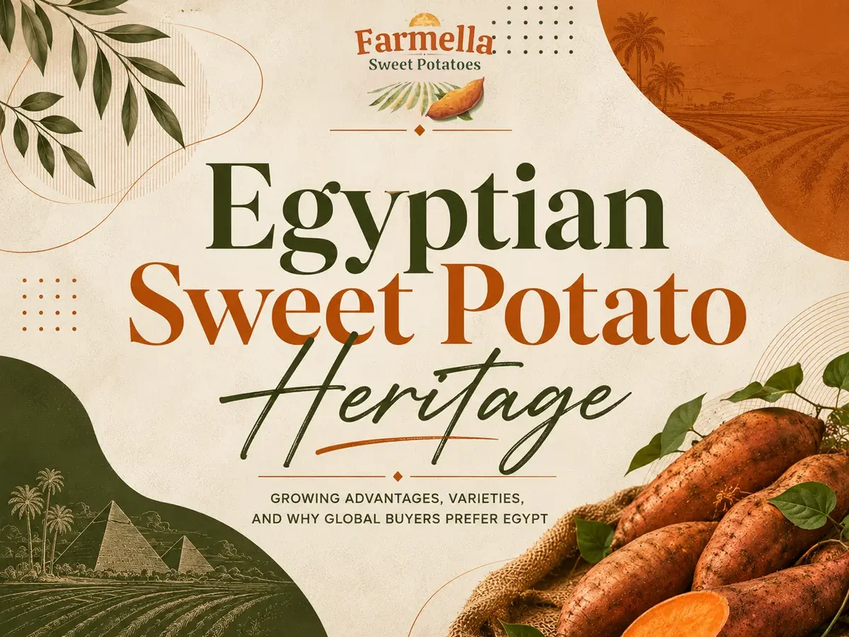 Egyptian sweet potato heritage illustrated through premium sweet potatoes, Egyptian farmland imagery, and agricultural growing advantages.