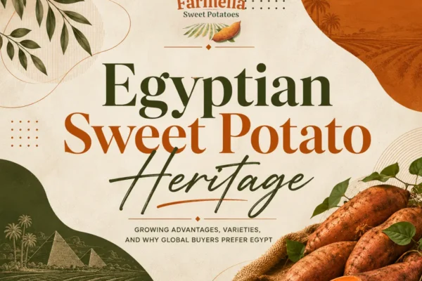 Egyptian sweet potato heritage illustrated through premium sweet potatoes, Egyptian farmland imagery, and agricultural growing advantages.
