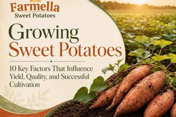 Growing sweet potatoes in a cultivated farm field, showing freshly harvested sweet potato roots and healthy vines, illustrating the key factors that influence yield, quality, and successful cultivation.