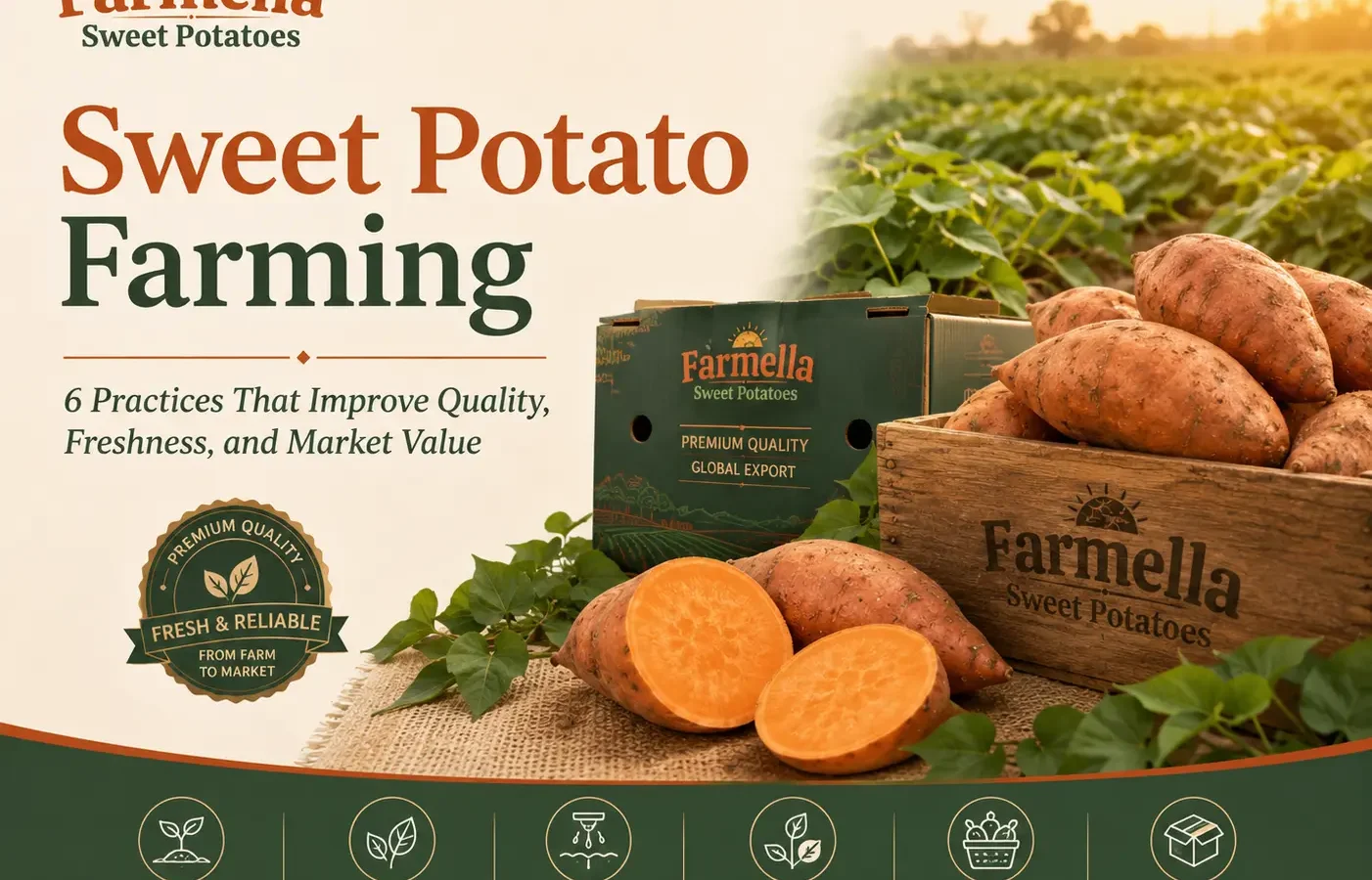 Farmella infographic about sweet potato farming featuring fresh sweet potatoes, farmland, export packaging, and six essential farming practices that improve quality, freshness, and market value.