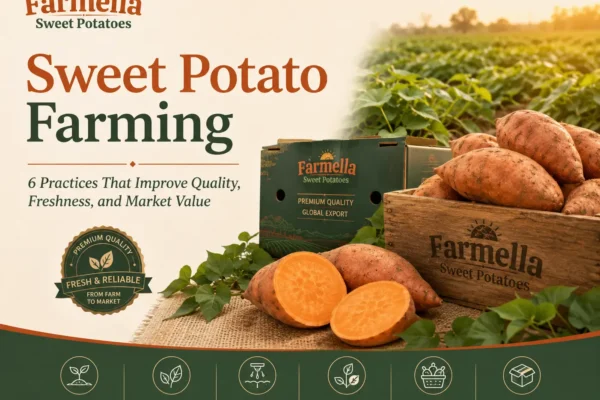 Farmella infographic about sweet potato farming featuring fresh sweet potatoes, farmland, export packaging, and six essential farming practices that improve quality, freshness, and market value.