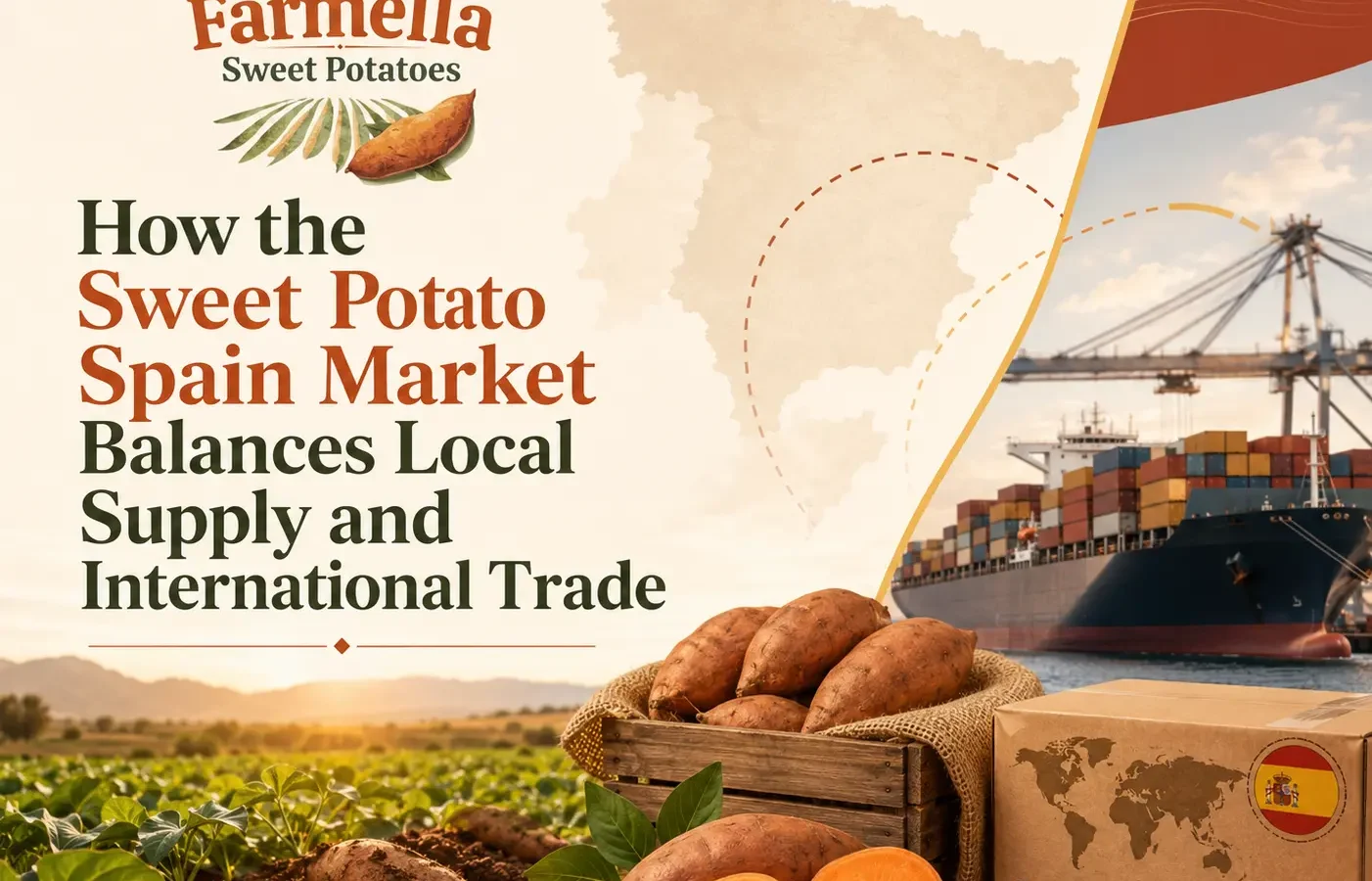 Farmella visual for the sweet potato Spain market featuring sweet potato fields, fresh produce, export boxes, a cargo ship, port cranes, and a map of Spain.