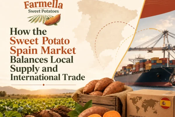 Farmella visual for the sweet potato Spain market featuring sweet potato fields, fresh produce, export boxes, a cargo ship, port cranes, and a map of Spain.