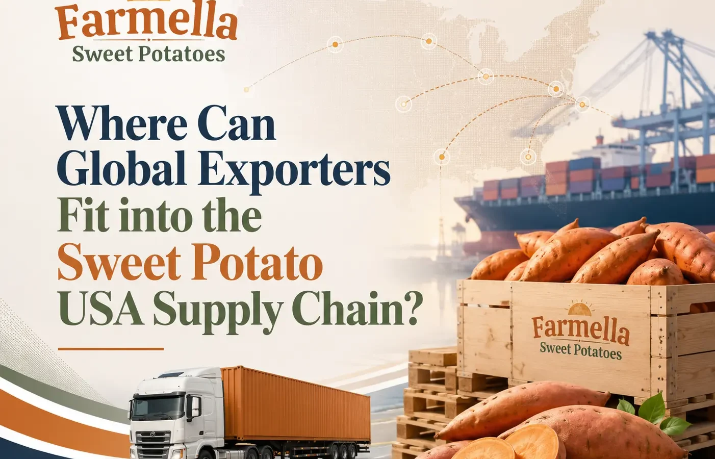 Farmella visual for the sweet potato USA market featuring export-ready sweet potatoes, shipping crates, a cargo ship, a freight truck, and a U.S. distribution map representing the export supply chain.