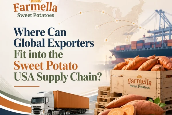 Farmella visual for the sweet potato USA market featuring export-ready sweet potatoes, shipping crates, a cargo ship, a freight truck, and a U.S. distribution map representing the export supply chain.
