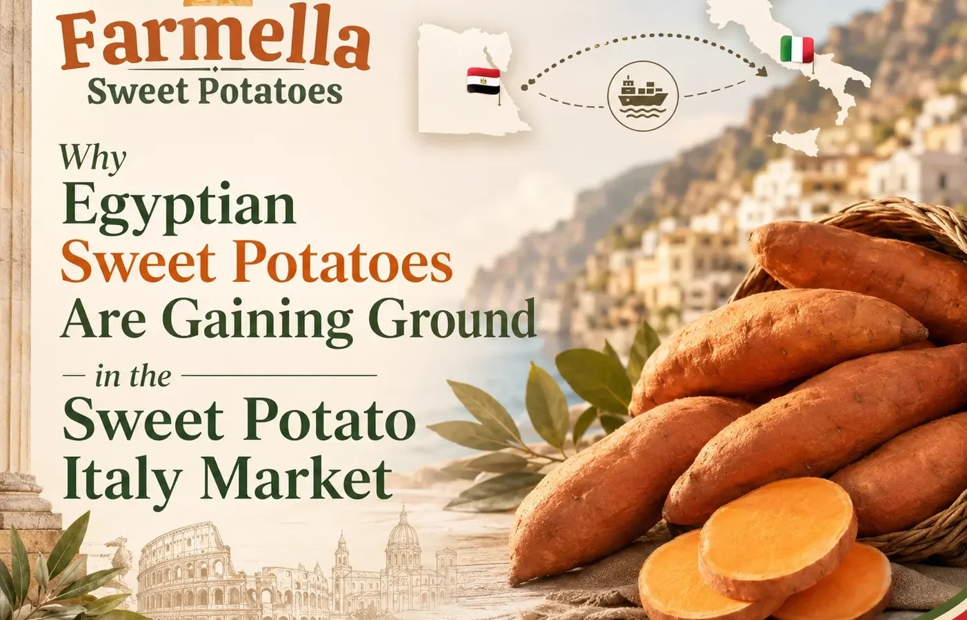 Farmella visual for the sweet potato Italy market featuring Egyptian sweet potatoes, Egypt and Italy maps, national flags, a shipping route, and Italian coastal landmarks.
