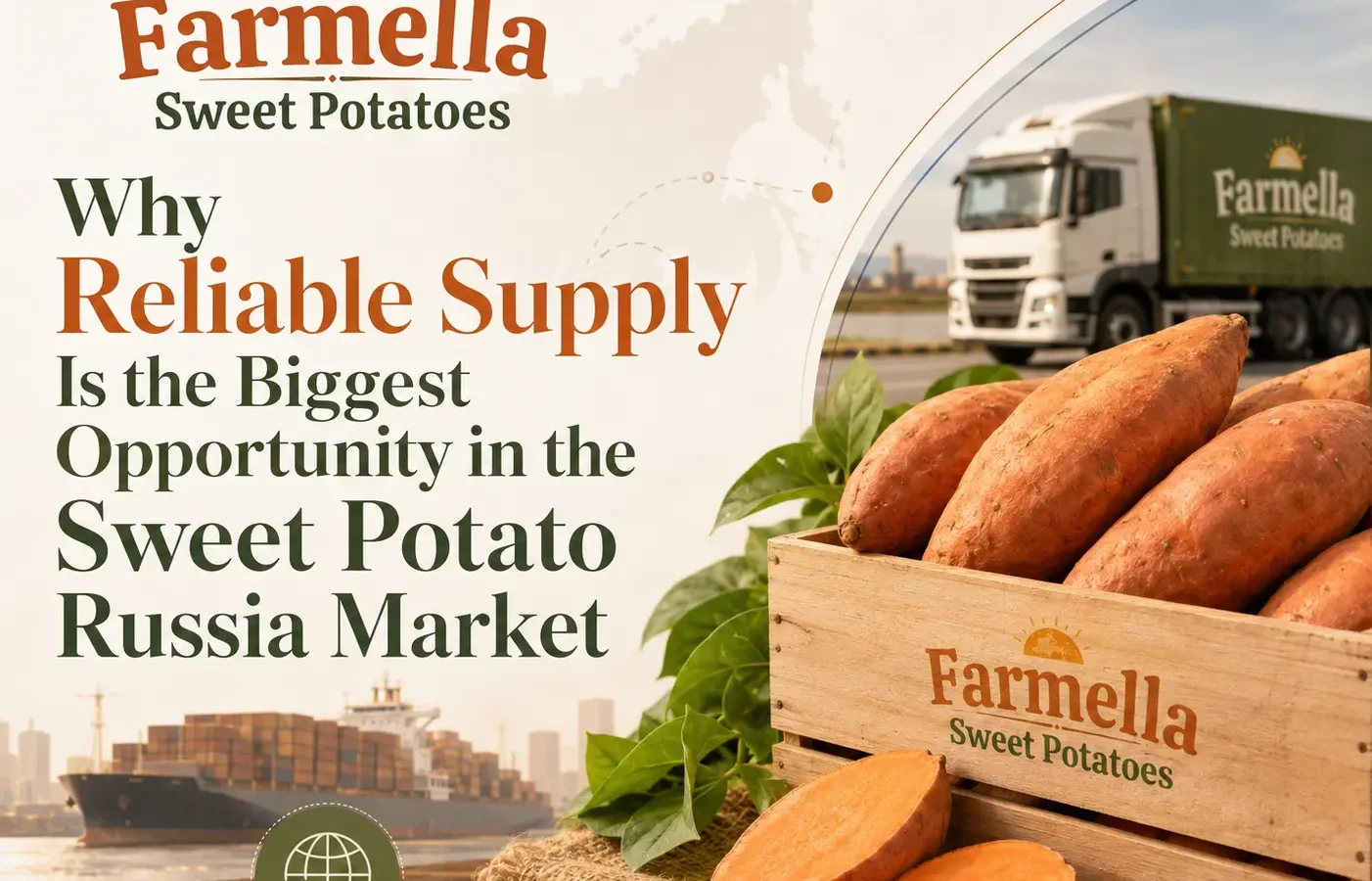 Farmella visual for the sweet potato Russia market featuring fresh sweet potatoes, export crates, a cargo ship, a freight truck, and a Russia map representing dependable international supply.