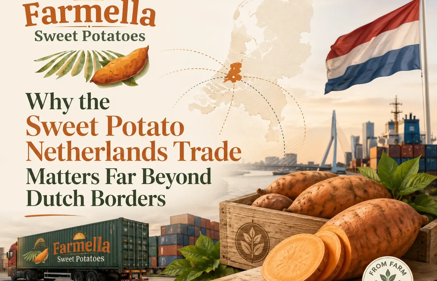 Farmella export visual for the sweet potato Netherlands market featuring sweet potatoes, a truck, shipping containers, a Dutch port, the Netherlands flag, and a distribution map.