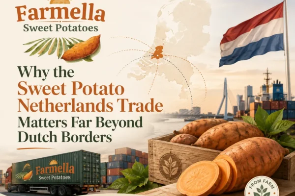 Farmella export visual for the sweet potato Netherlands market featuring sweet potatoes, a truck, shipping containers, a Dutch port, the Netherlands flag, and a distribution map.