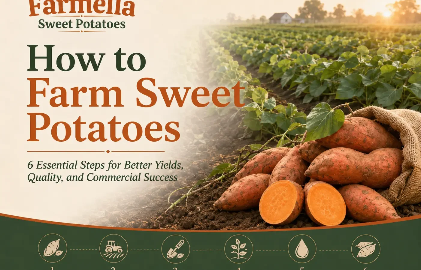 Farmella infographic showing how to farm sweet potatoes with a sweet potato field, fresh harvested roots, and six steps covering planting material, field preparation, planting, crop care, irrigation, harvesting, curing, and storage.