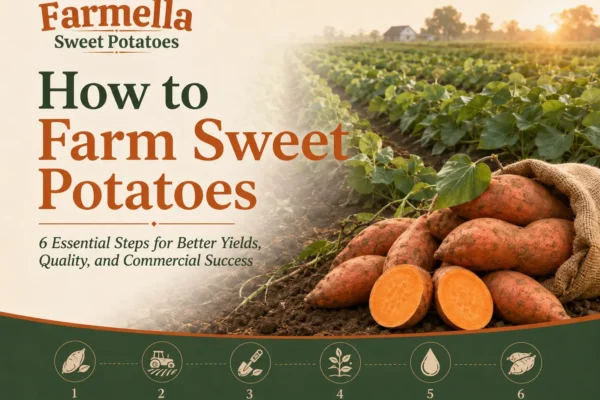 Farmella infographic showing how to farm sweet potatoes with a sweet potato field, fresh harvested roots, and six steps covering planting material, field preparation, planting, crop care, irrigation, harvesting, curing, and storage.