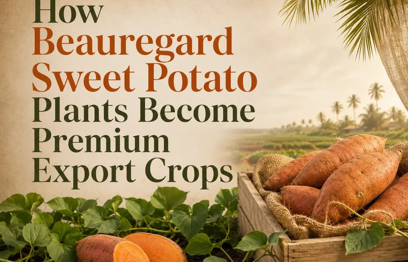 Beauregard sweet potato plants growing in the field with mature roots prepared for premium export markets