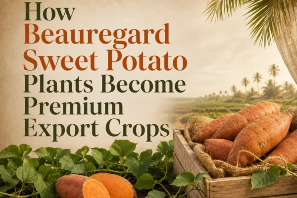 Beauregard sweet potato plants growing in the field with mature roots prepared for premium export markets
