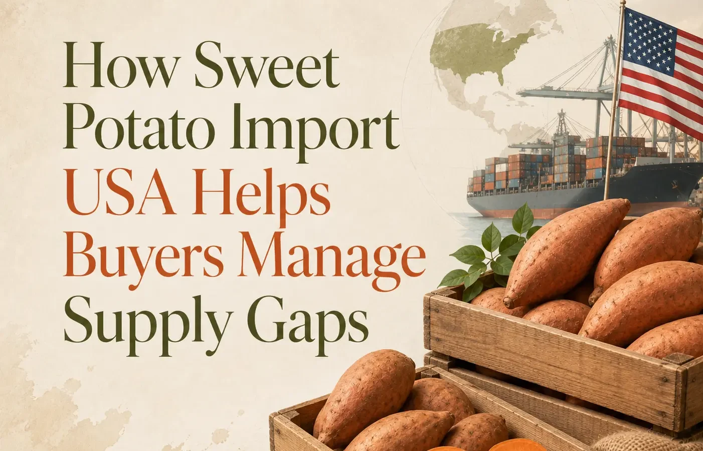 Sweet potato import USA with fresh sweet potatoes prepared for international shipping and the US market