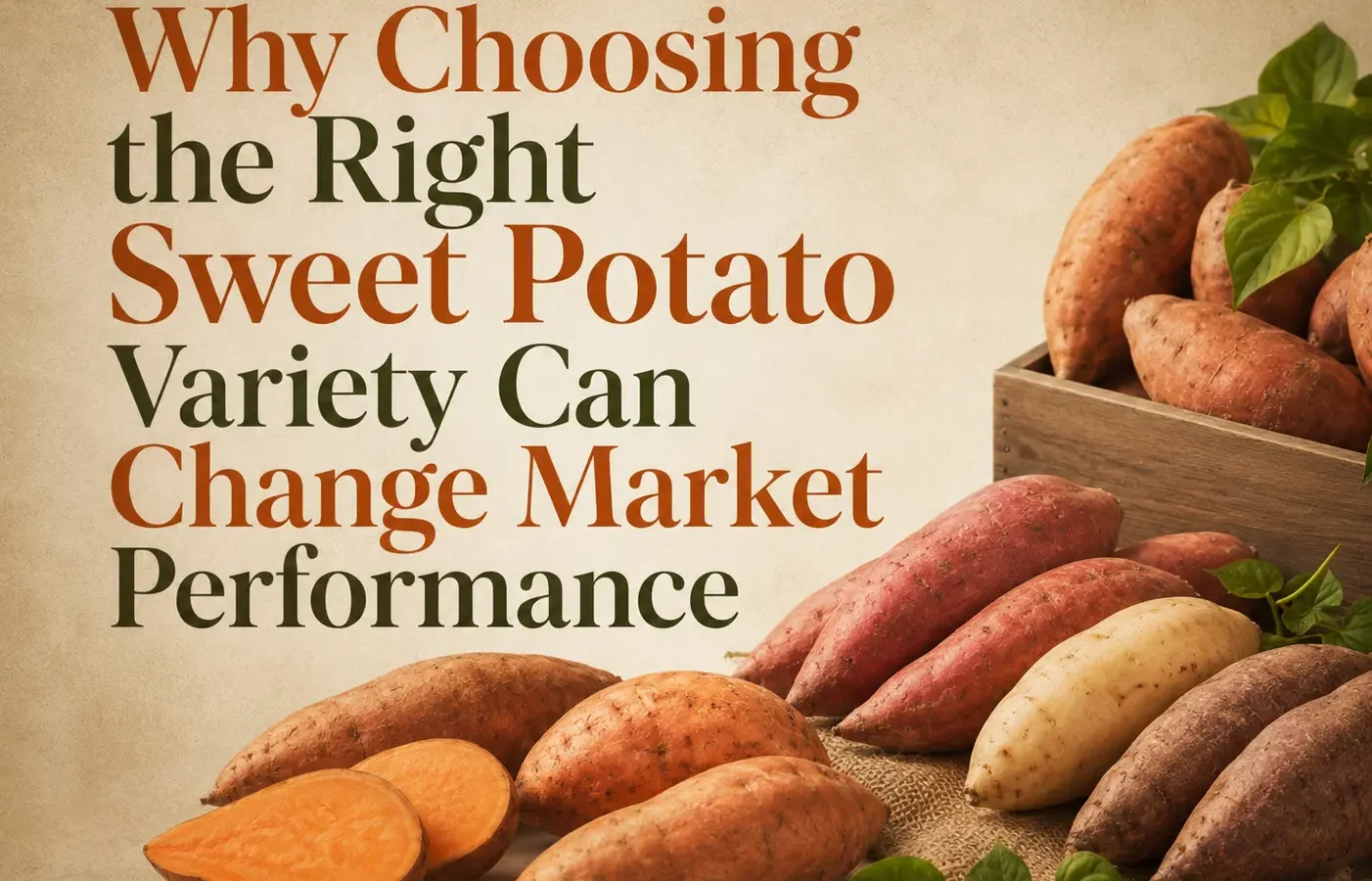 Different sweet potato varieties with orange, white, and purple roots displayed for commercial market selection