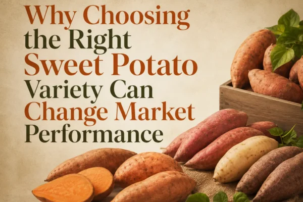 Different sweet potato varieties with orange, white, and purple roots displayed for commercial market selection