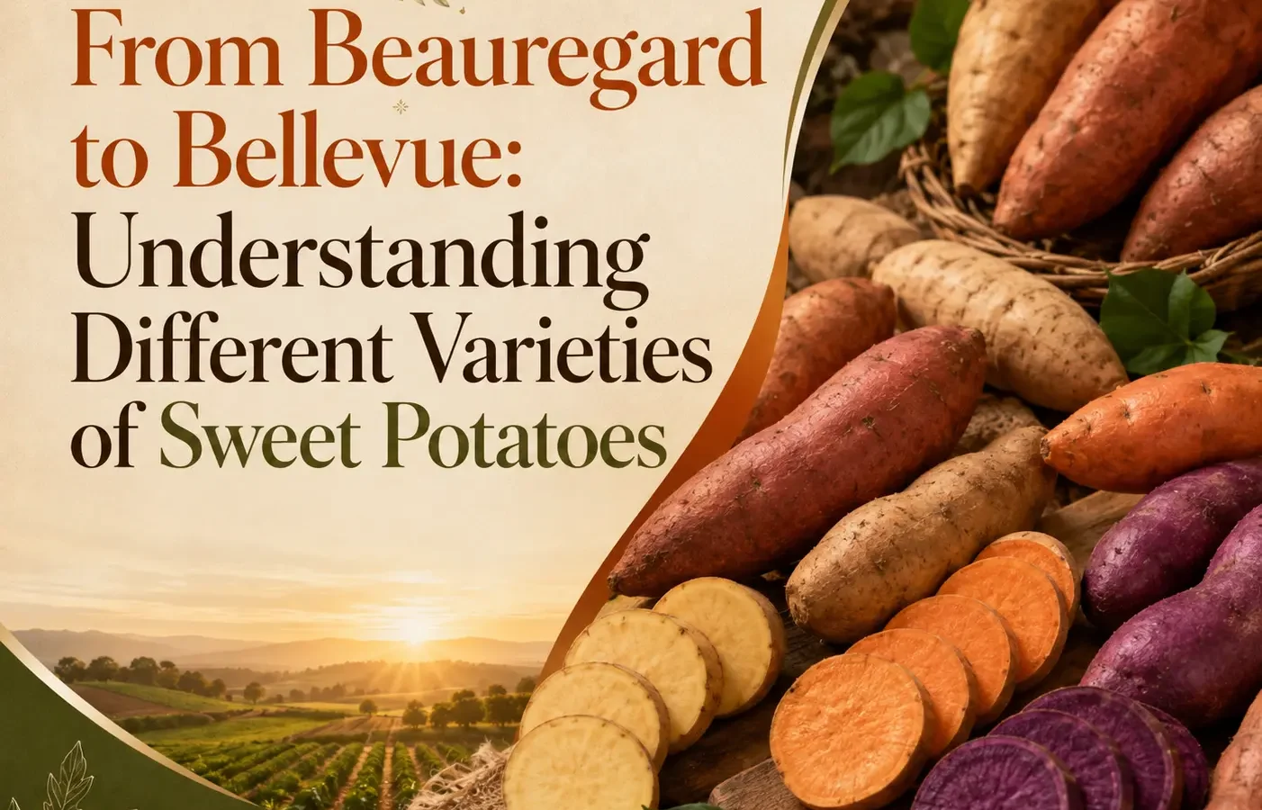 Different varieties of sweet potatoes including Beauregard, Bellevue, orange, white, and purple varieties