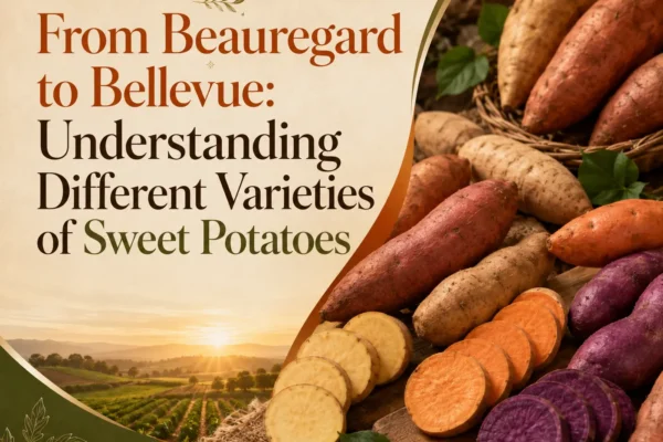 Different varieties of sweet potatoes including Beauregard, Bellevue, orange, white, and purple varieties