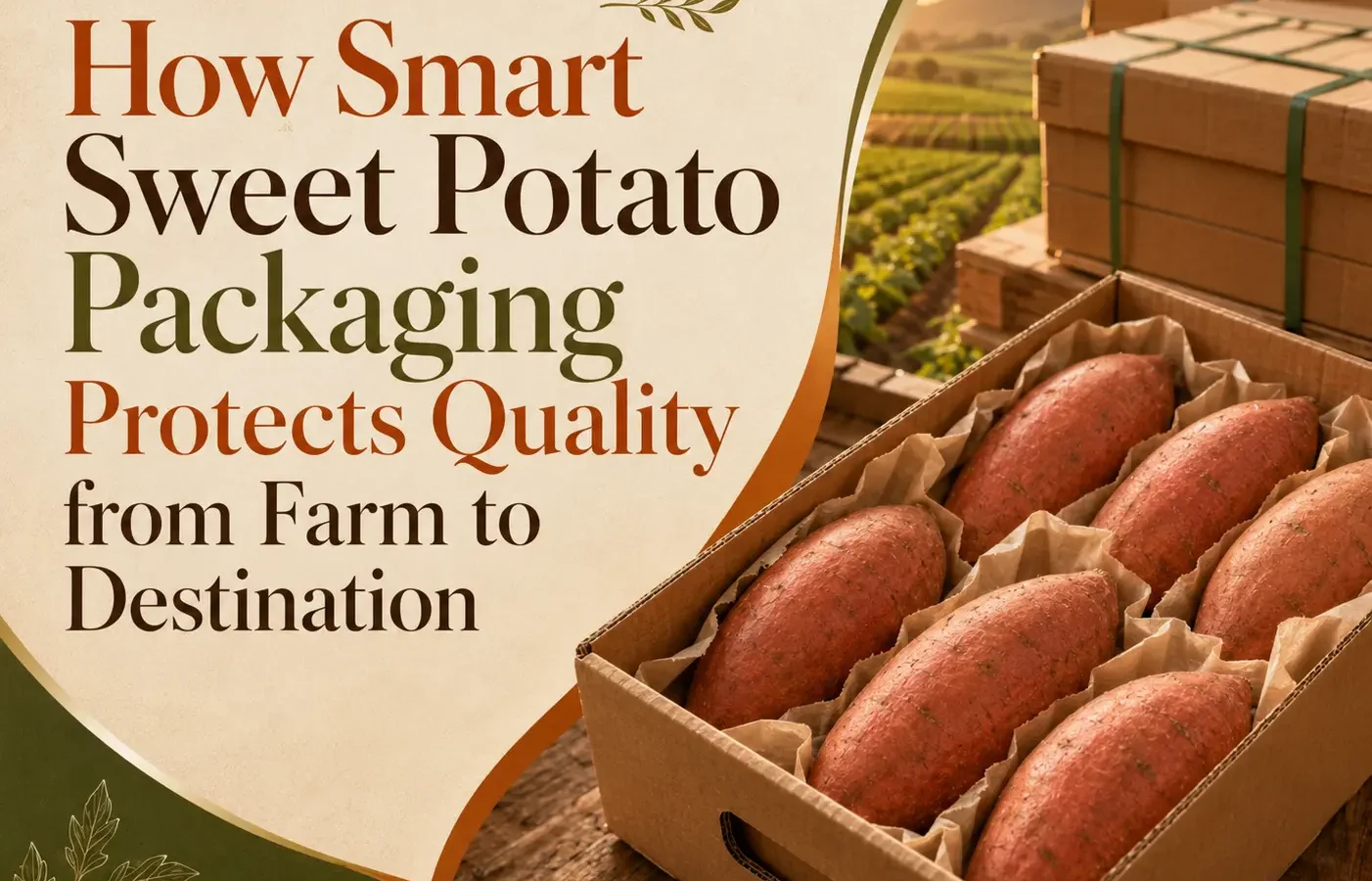 Sweet potato packaging with fresh sweet potatoes carefully packed in protective boxes for transport