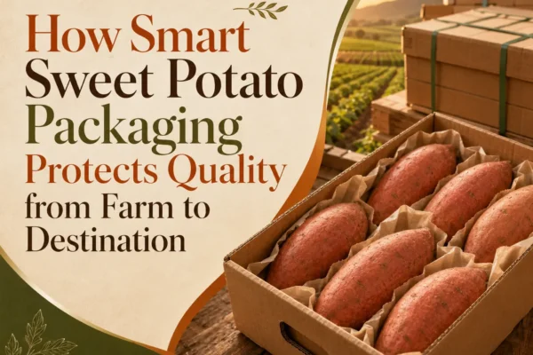 Sweet potato packaging with fresh sweet potatoes carefully packed in protective boxes for transport