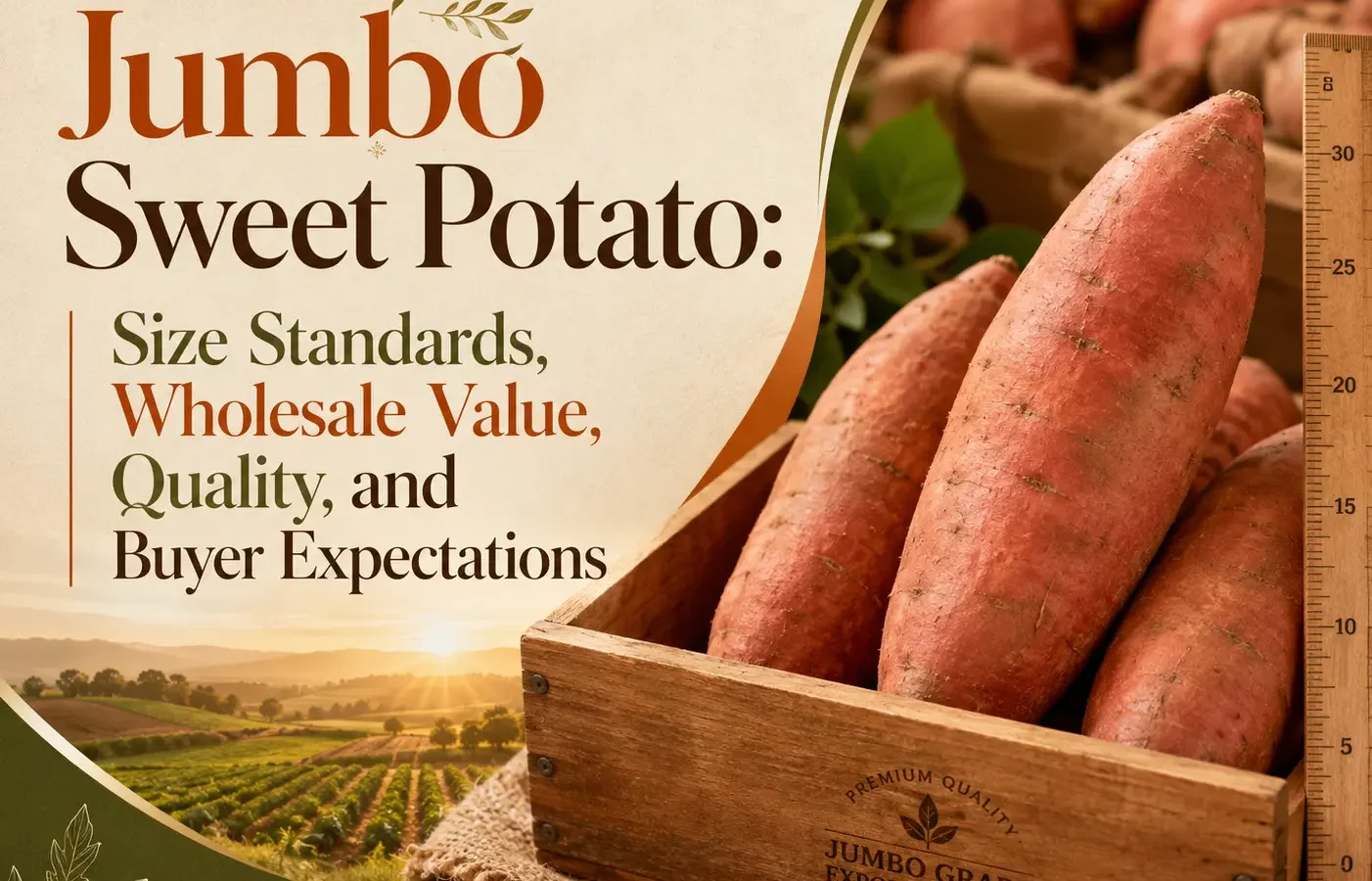 Jumbo sweet potato displayed with size measurements for wholesale quality and export grading