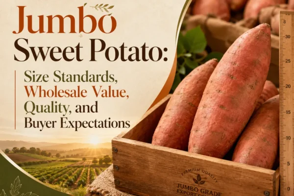 Jumbo sweet potato displayed with size measurements for wholesale quality and export grading